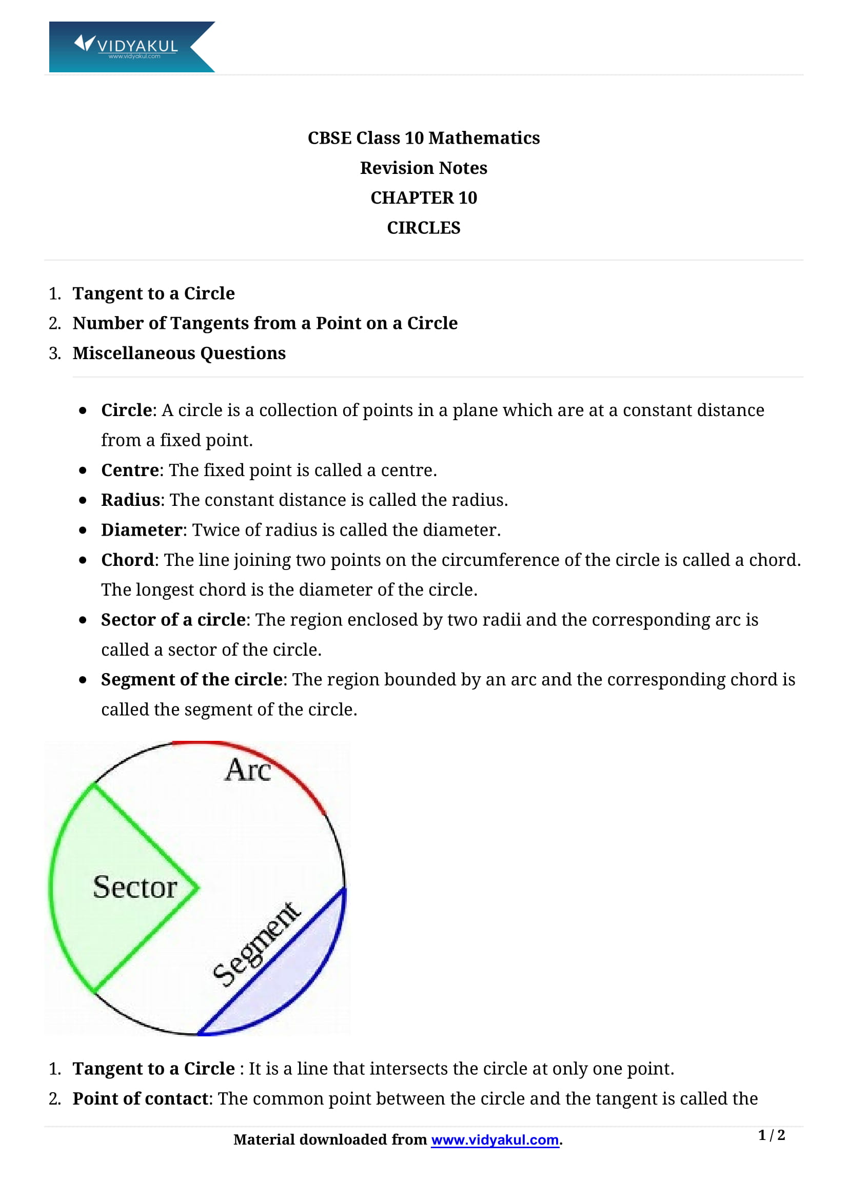 Class 10th Math Circles NCERT Notes CBSE 2023