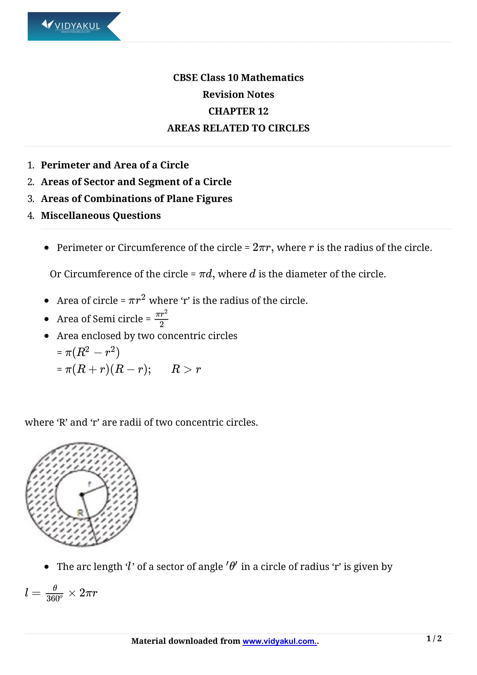 Areas Related to Circles Class 10 Maths Notes Part - 1