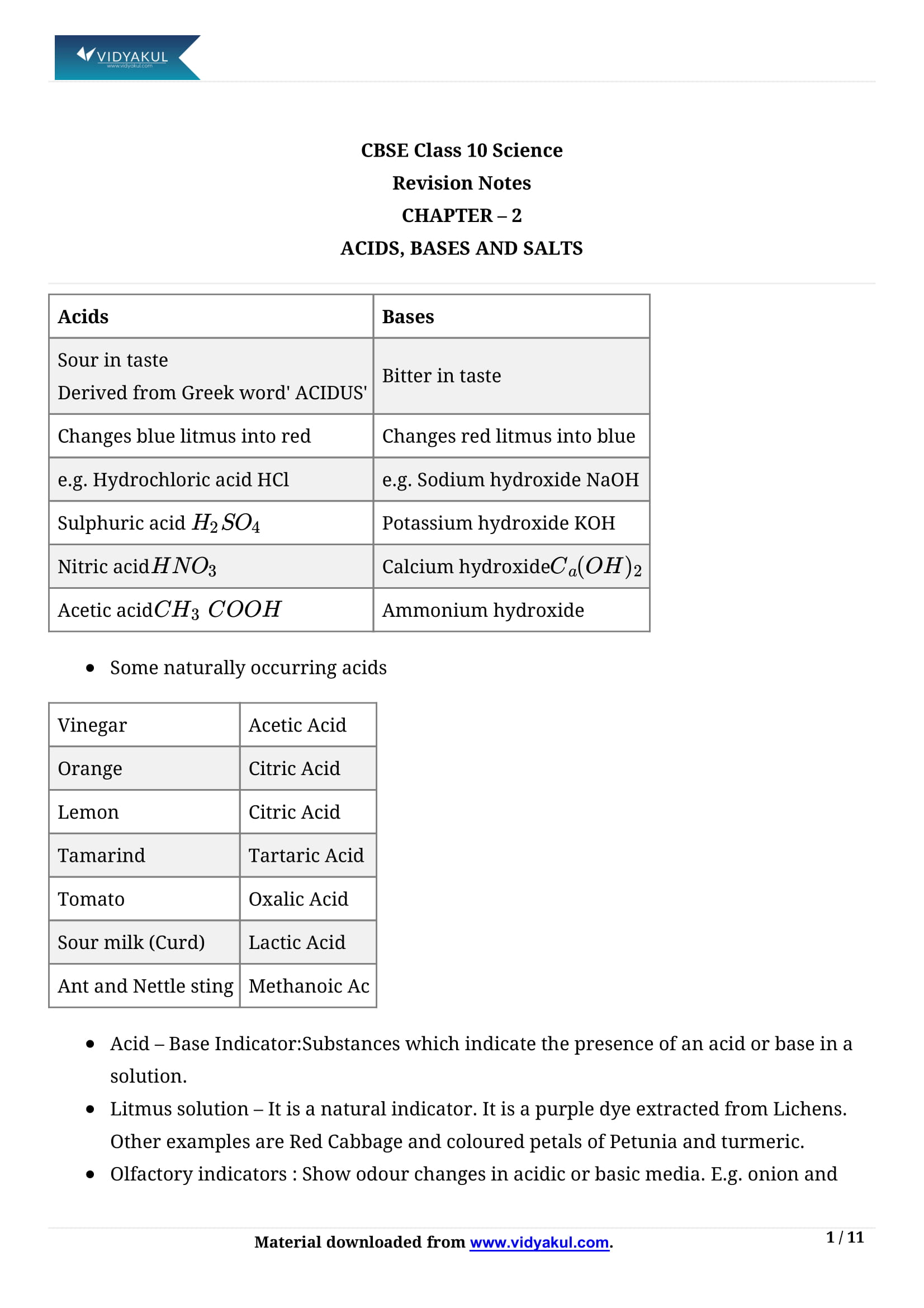 Class 10th Science Acid Bases And Salts NCERT Notes CBSE 2023