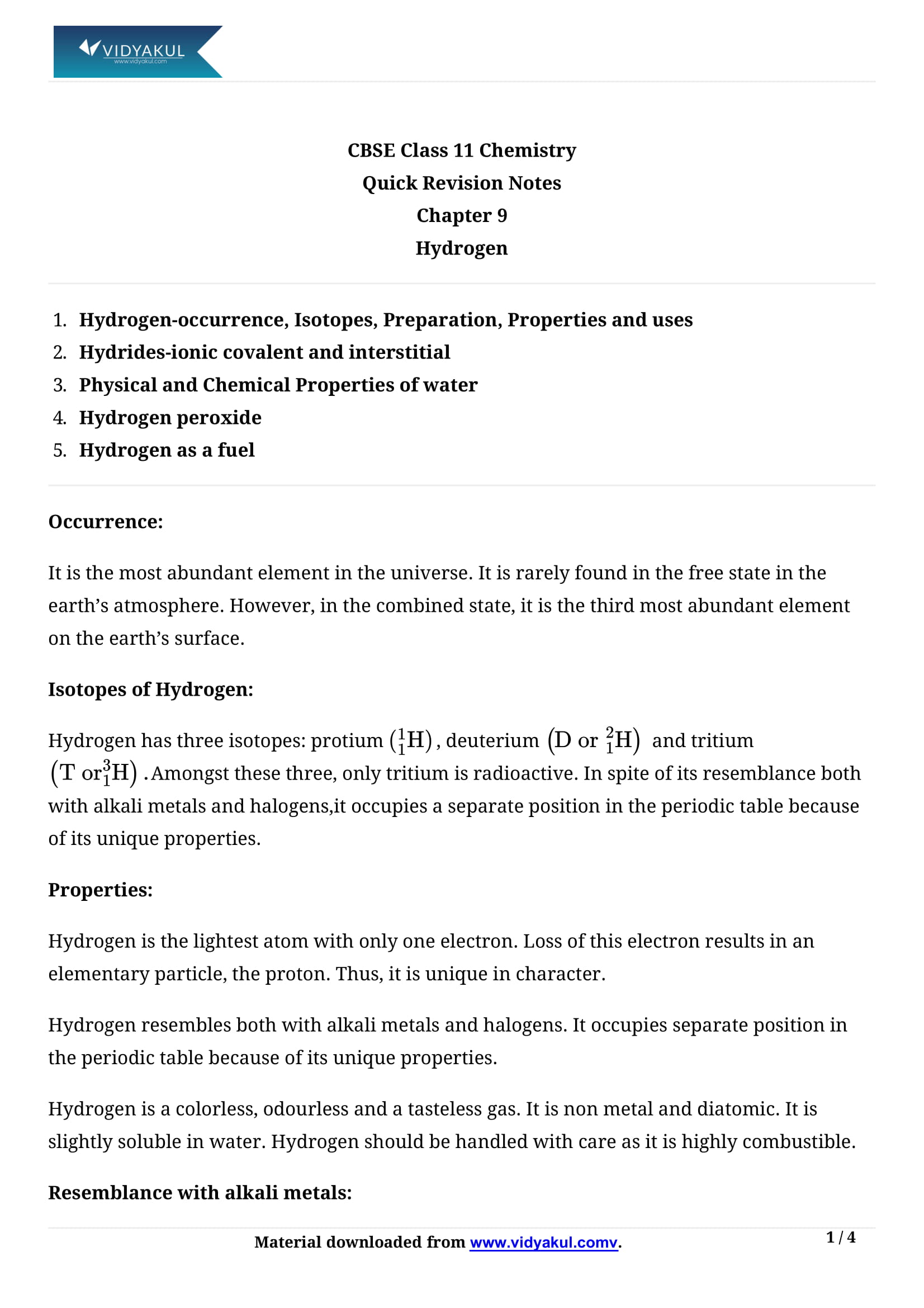 Hydrogen Class 11 Chemistry Notes Part - 1