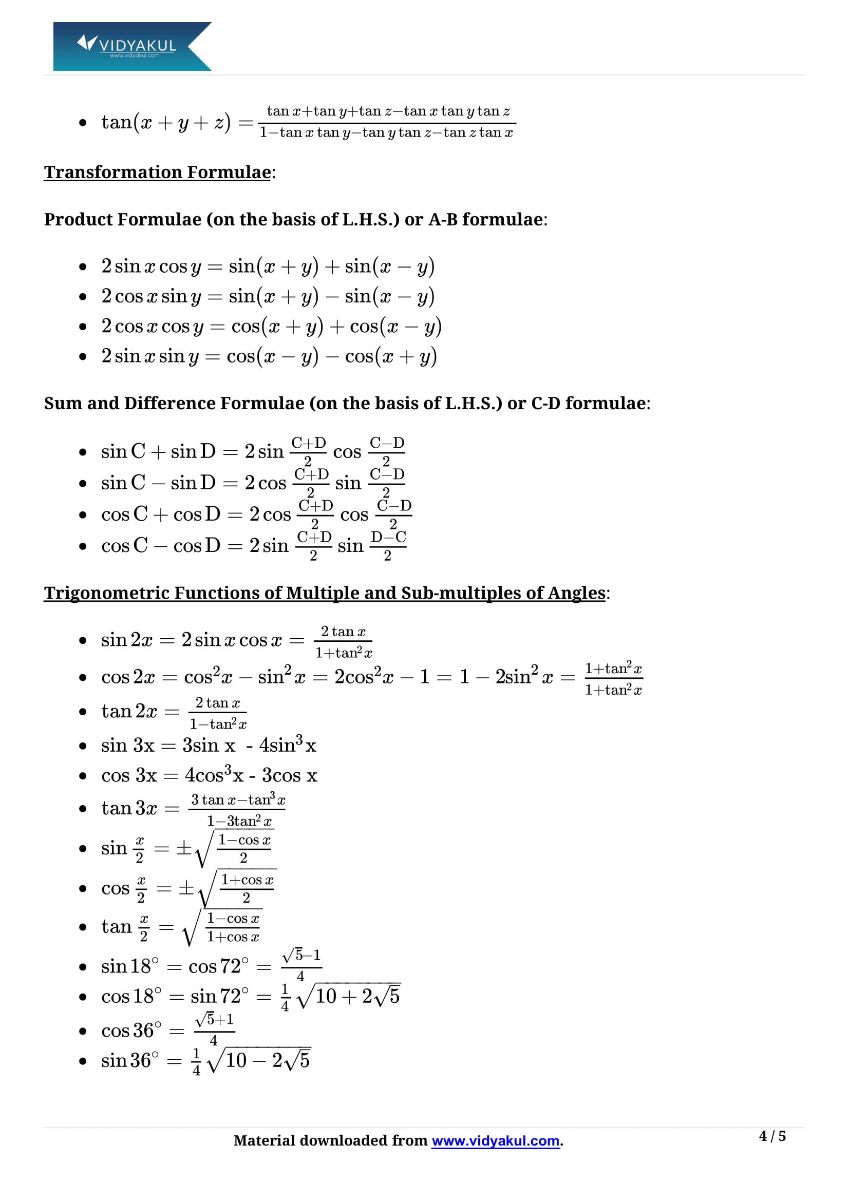 Class 11th Math Trigonometric Functions Formulas CBSE 2023