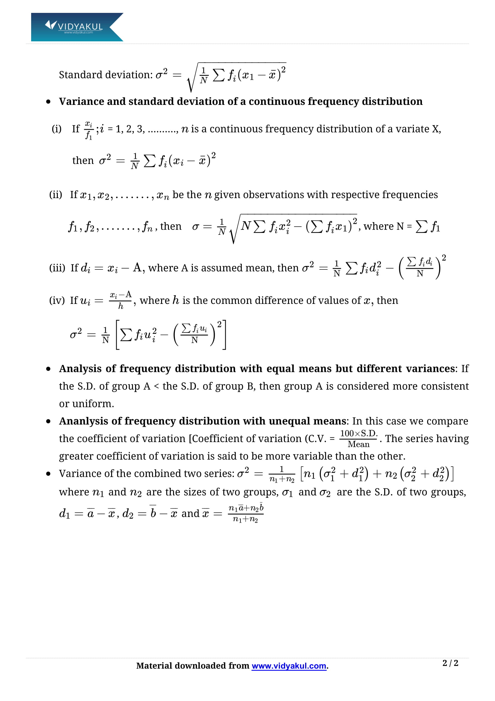 Class 11th Math Statictics Formulas Cbse 2023