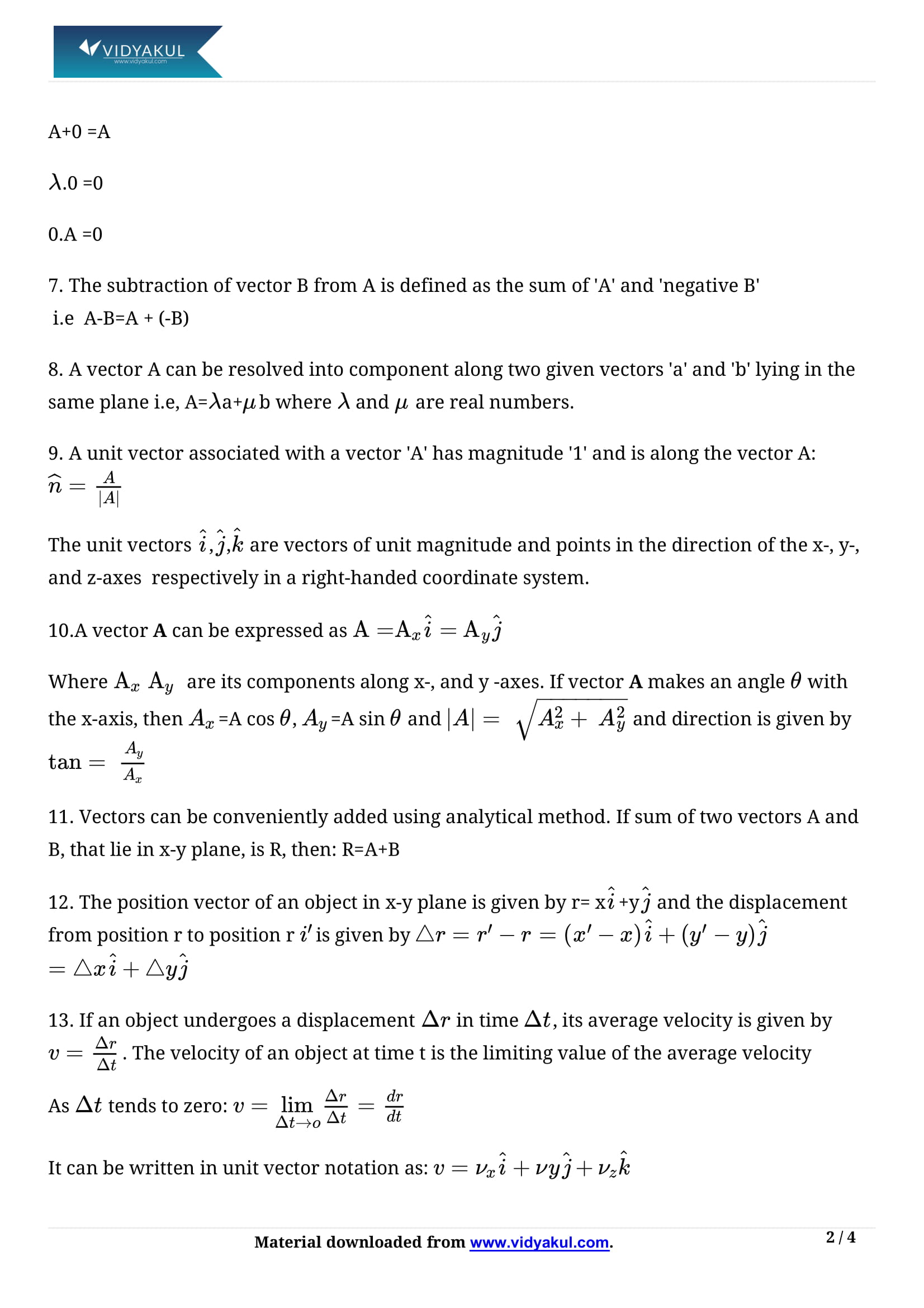 Class 11 Physics Chapter 4 Motion In A Plane Notes Vidyakul