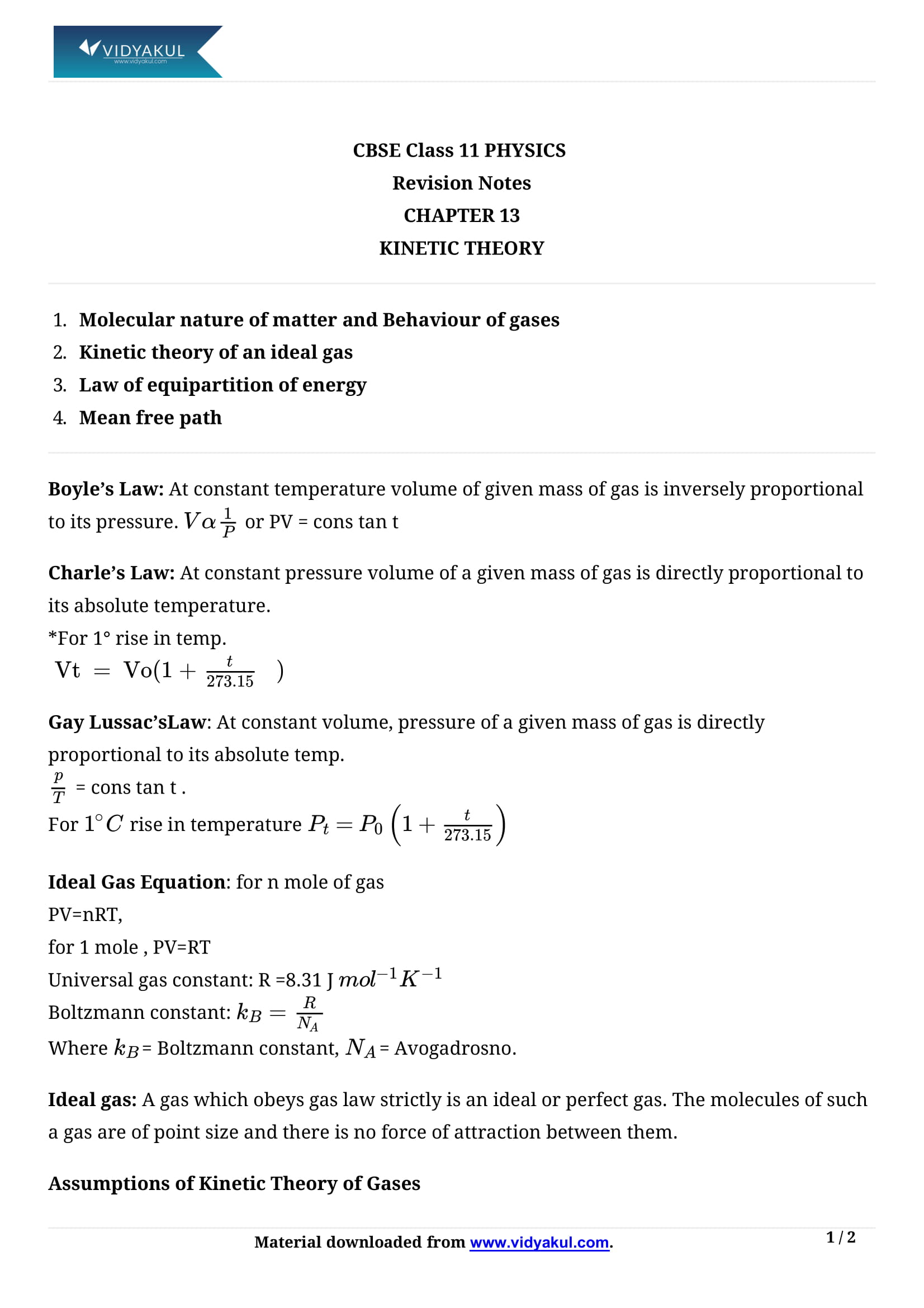 Class 11 Physics Kinetic Theory Notes