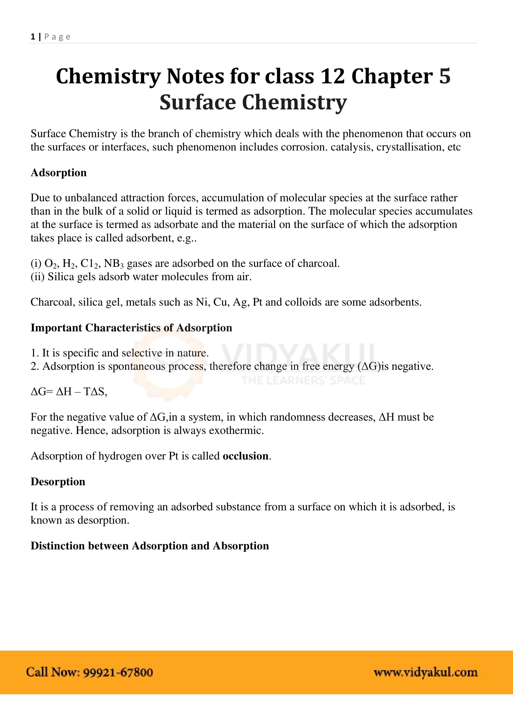 Surface Chemistry Class 12 Notes Vidyakul