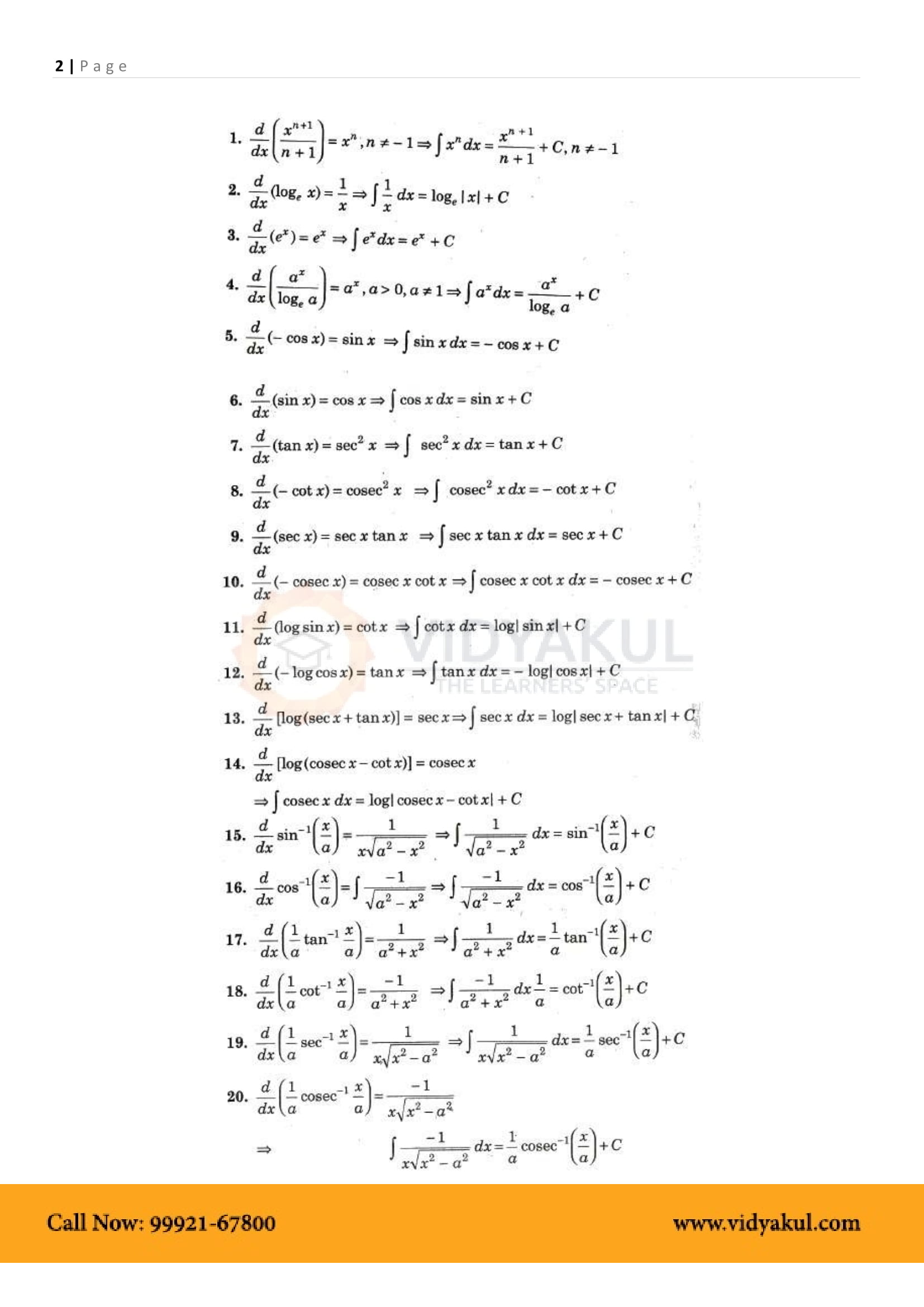 Integrals Class 12 Formulas Pdf With Notes Vidyakul