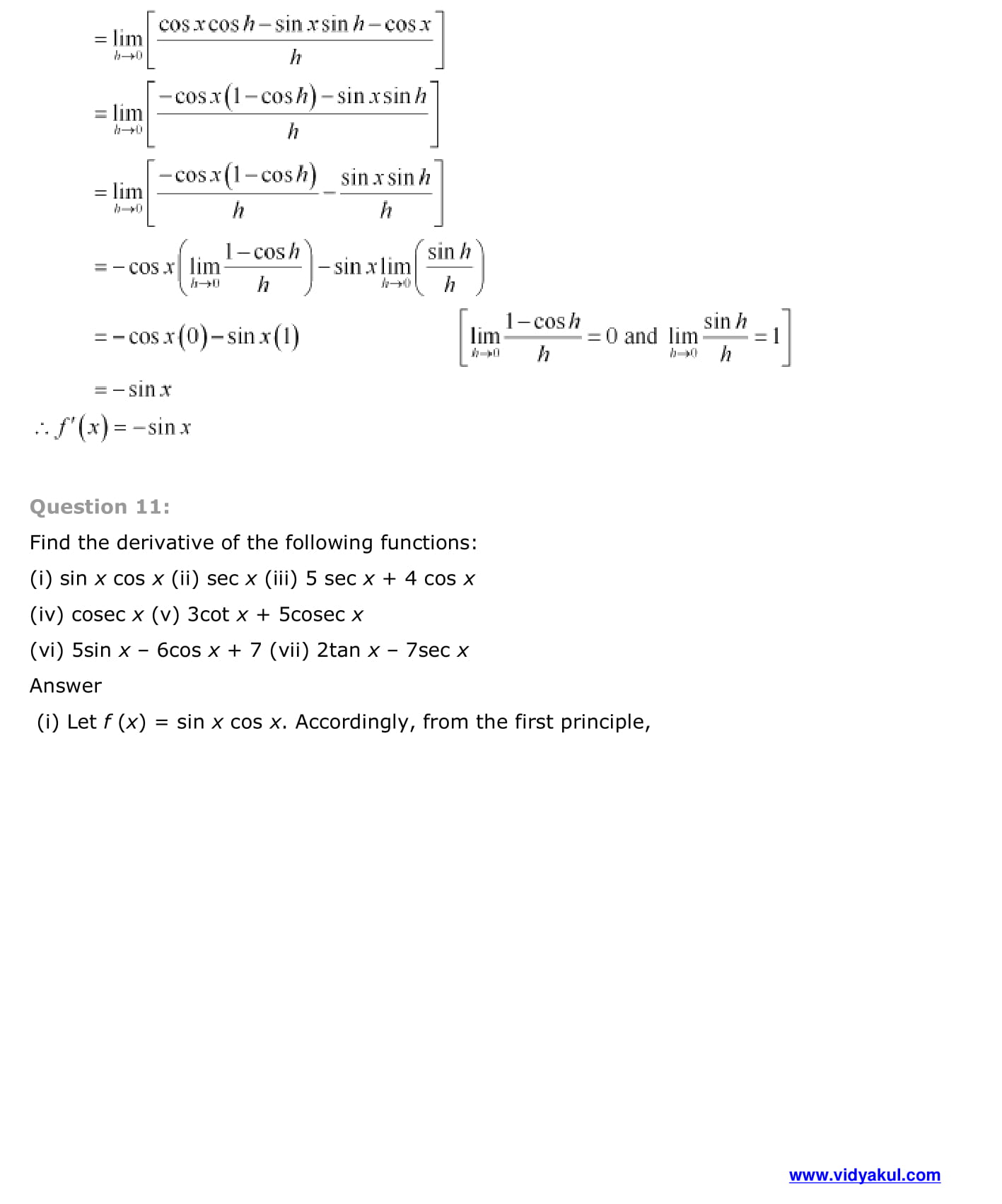 limits and derivatives class 11 solutions pdf