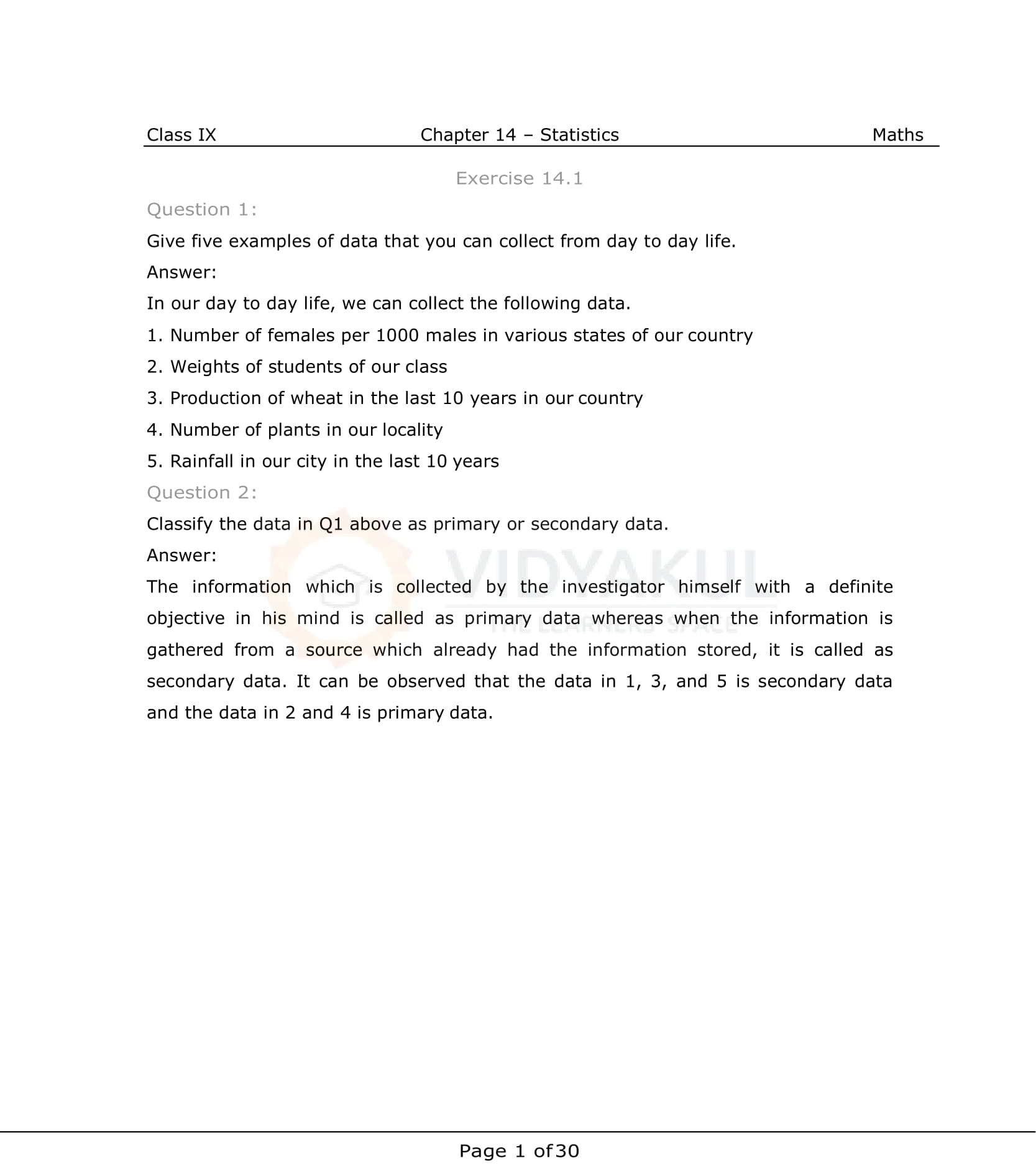 NCERT Solutions For Class 9 Maths Chapter 14